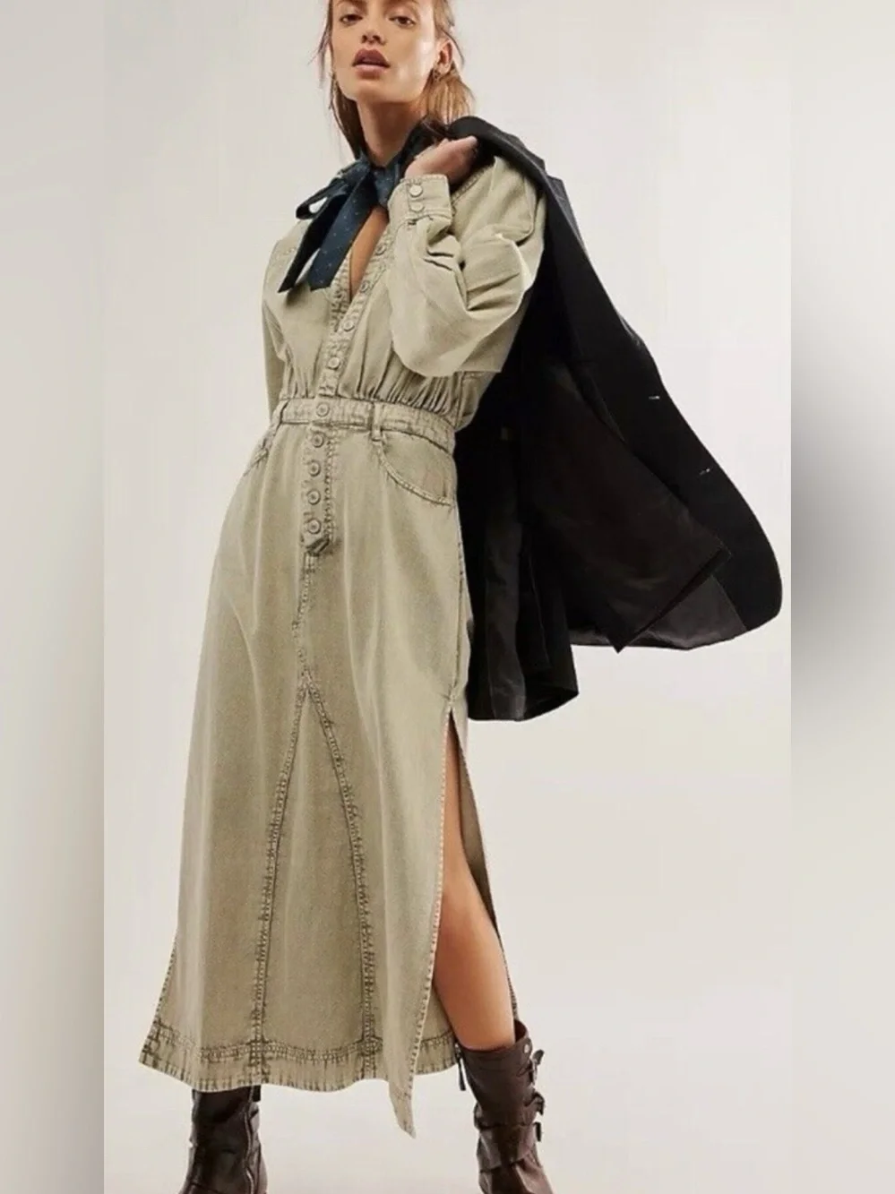 NWT Free People S Mad Love Denim Midi Dress in Sage Green New $198 Pocket Cotton